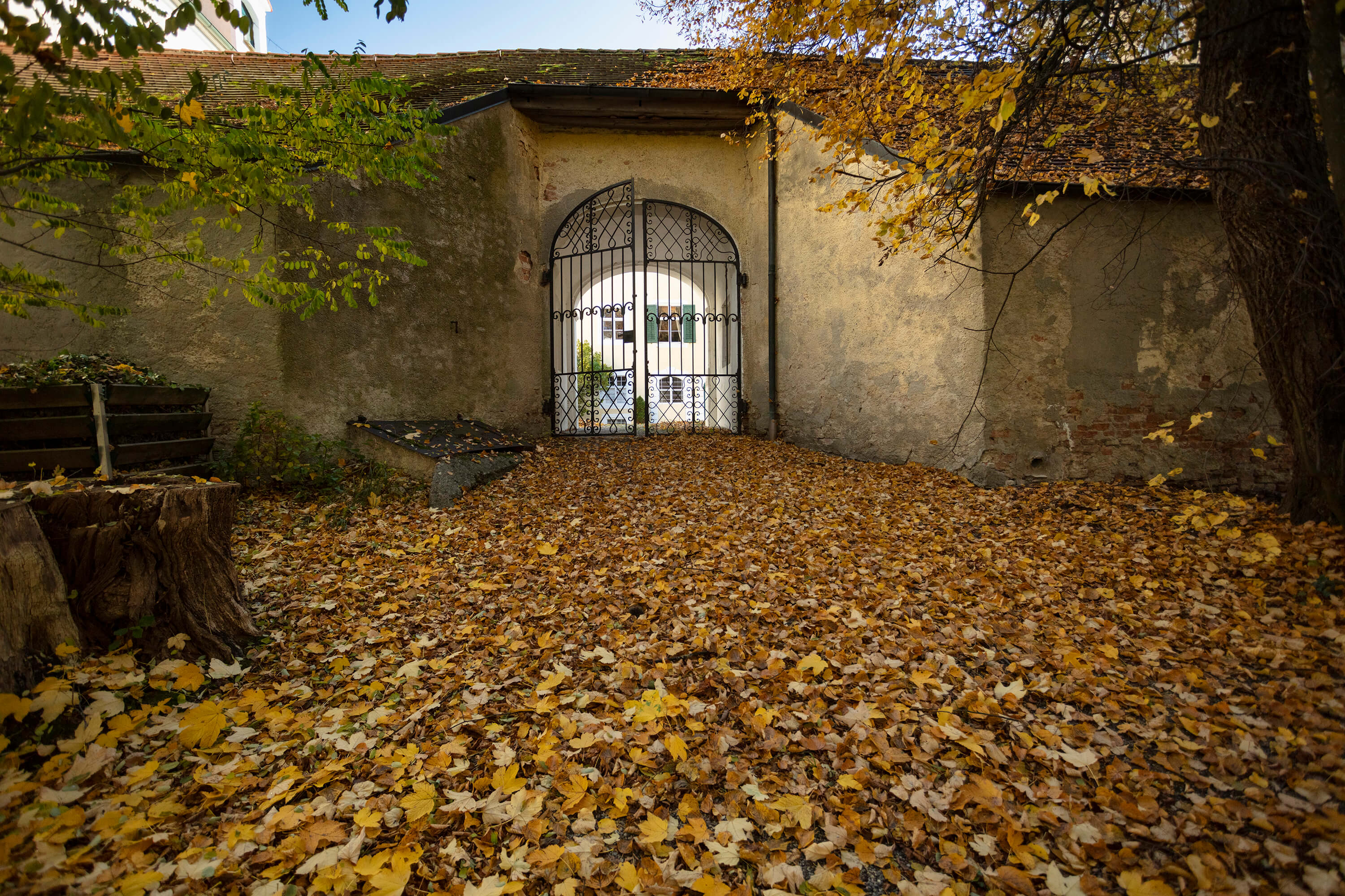 ein Gebäude mit einem Tor und Blättern auf dem Boden